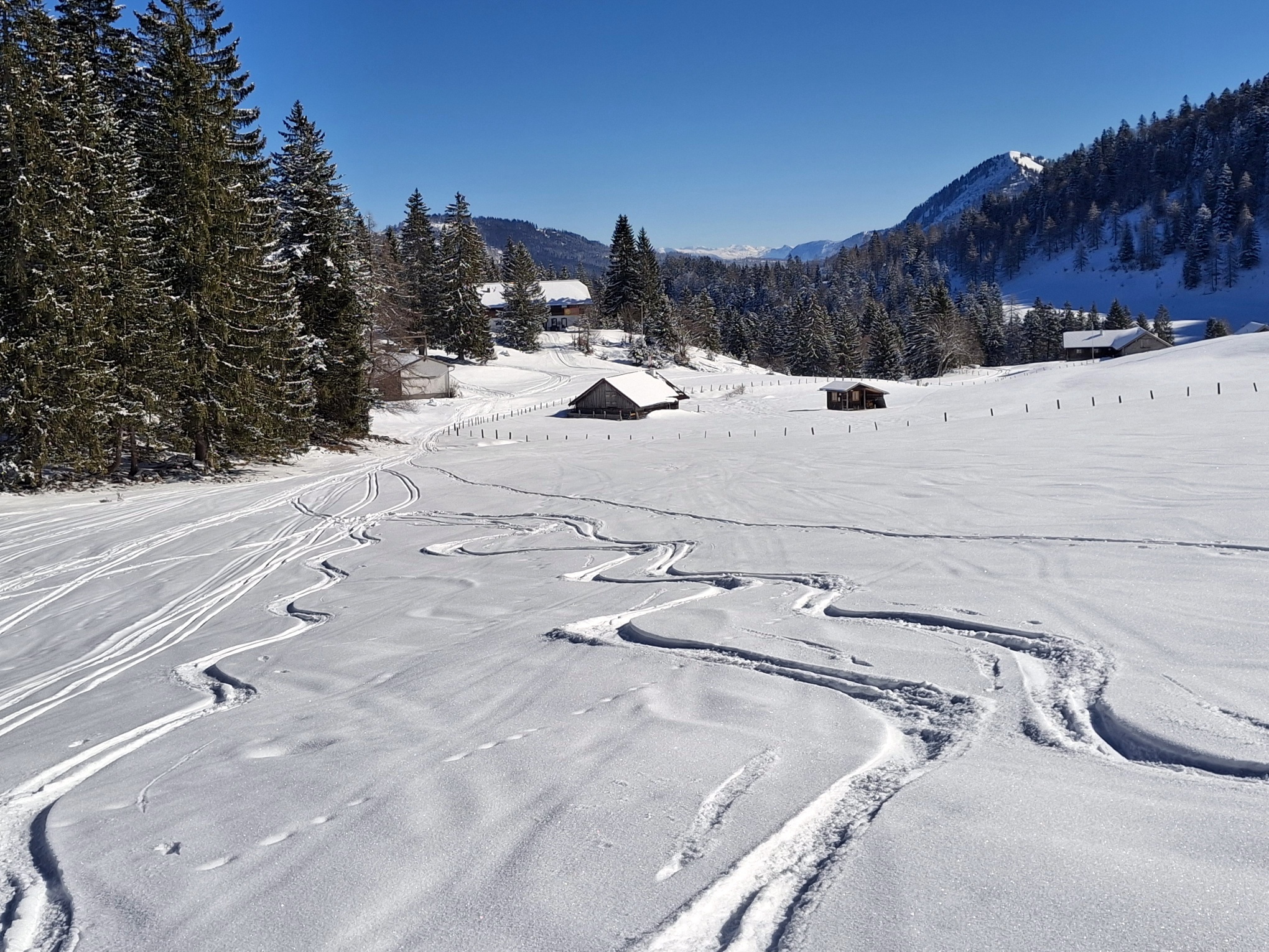 The descent to Hintersee passes by the huts of the Anzenbergalm.
