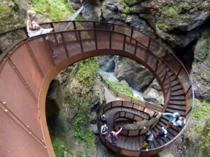 The path leads 30 meters down into the depths of the Liechtensteinklamm via the helix spiral staircase.