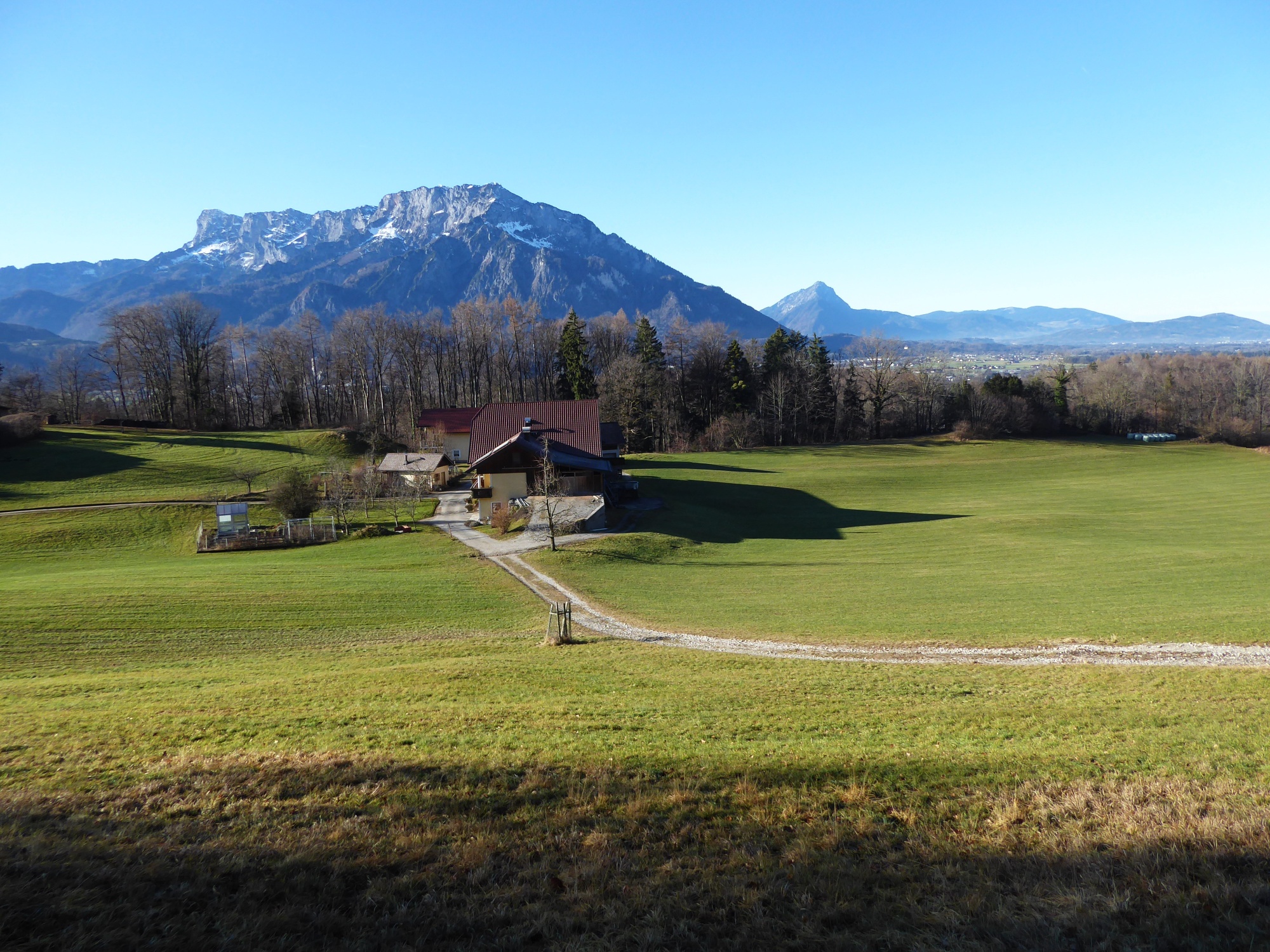 The path alternates between sunny meadows and bright deciduous forests. Always with you: the Untersberg.